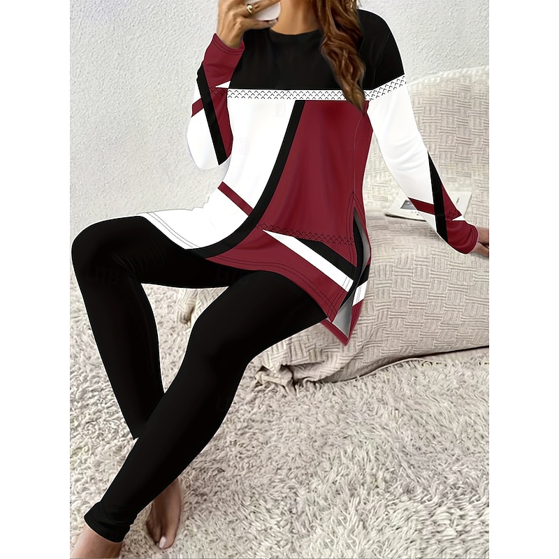 Women's Elegant Vacation Fashion T Shirt Pants Sets Long Sleeve Crew Neck Round Neck Graphic Geometric Striped Print Casual Daily Casual Daily Burgundy Green Dark Gray Spring Regular Fit
