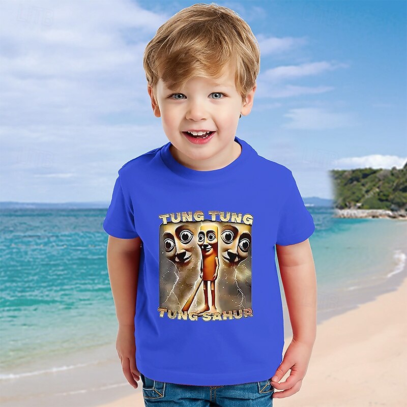 5pcs Boys' Summer Short Sleeve T-Shirts  Casual Round Neck Tops in Assorted Colors Playful Graphic Tee Design Comfortable Fit Shirt - Crocodile Cappuccino Tral Shark Dong Dong Coconut Elephant4