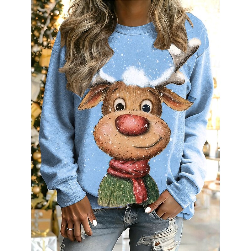 Women's Pullover Graphic Reindeer Warm Classic Casual Long Sleeve Crew Neck Regular Tops Home Street Dailywear Print Yellow Pink Blue Purple Green Fall Winter