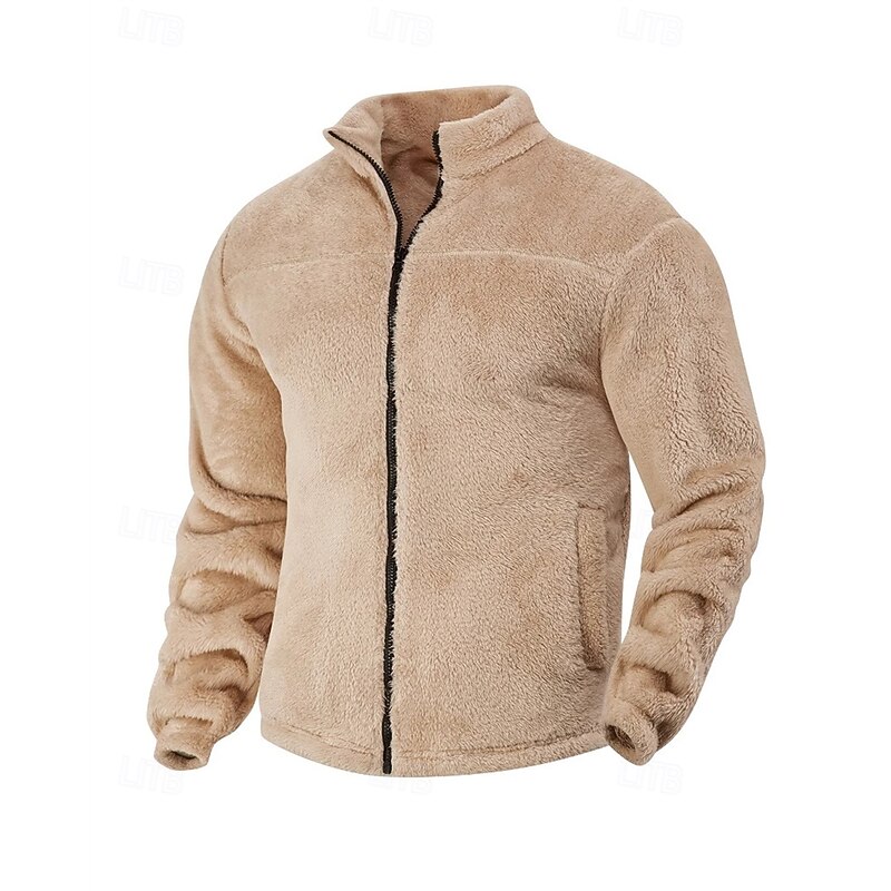Men's Winter Jacket Teddy Coat Casual Jacket Vacation Daily Thermal Warm Pocket Fleece Fall & Winter Plain Fashion Streetwear Stand Collar Regular Black Navy Blue Brown Khaki Dark Gray Jacket4