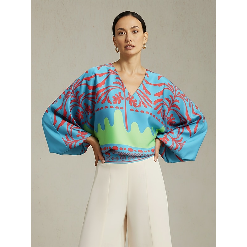 Women's Top Satin Sky Blue Floral Vacation Print Lantern Sleeve V Neck Spring Autumn Casual2