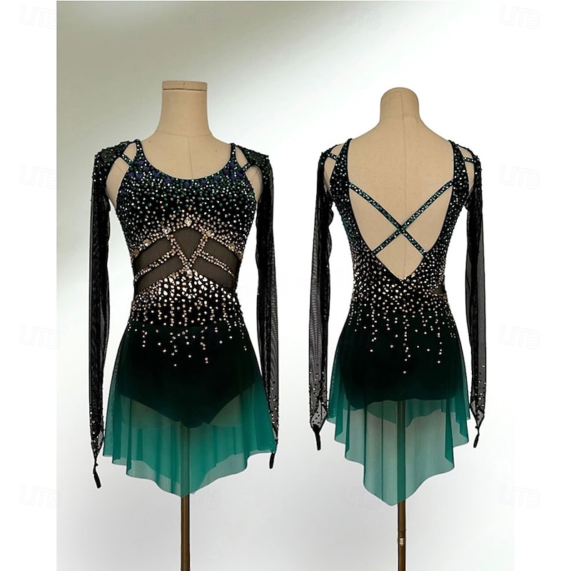 Figure Skating Dress Women's Girls' Ice Skating Dress Dark Green Patchwork Open Back Mesh Spandex High Elasticity Training Competition Skating Wear Classic Crystal / Rhinestone Long Sleeve Ice