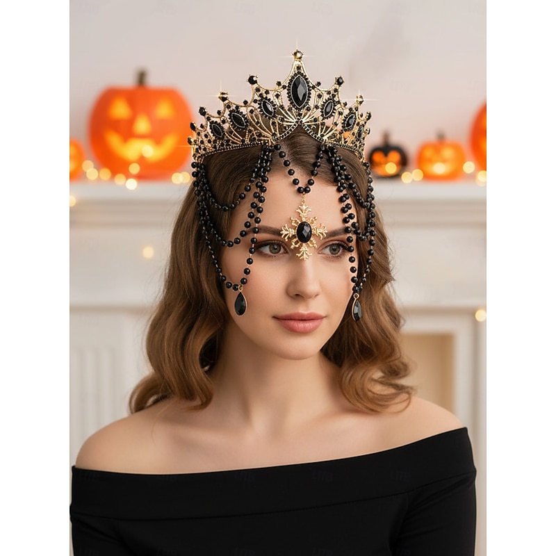 Women's Gothic Crown Headpiece with Black Beads and Red Gems - Vintage Tiara for Halloween Party Costume and Cosplay2