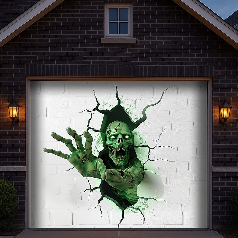 Halloween Garage Door Cover 3D Broken Wall Ghost Face and Bloody Hand Banner Haunted House Horror Scene Spooky Backdrop Tapestry for Outdoor Wall Fence Yard Halloween Party Decoration3