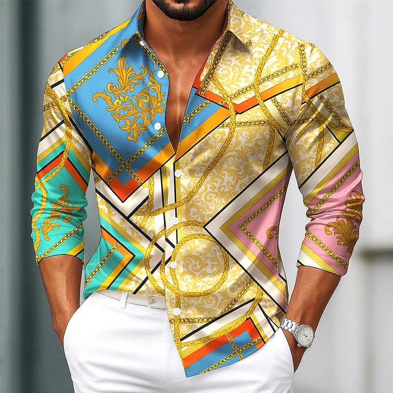 Men's Baroque Intricate Floral Shirt Satin Shirt Dress Shirt Long Sleeve Vintage Retro Vacation Dailywear Summer Spring Fall Turndown 3D Print Button Up Shirts Yellow Blue