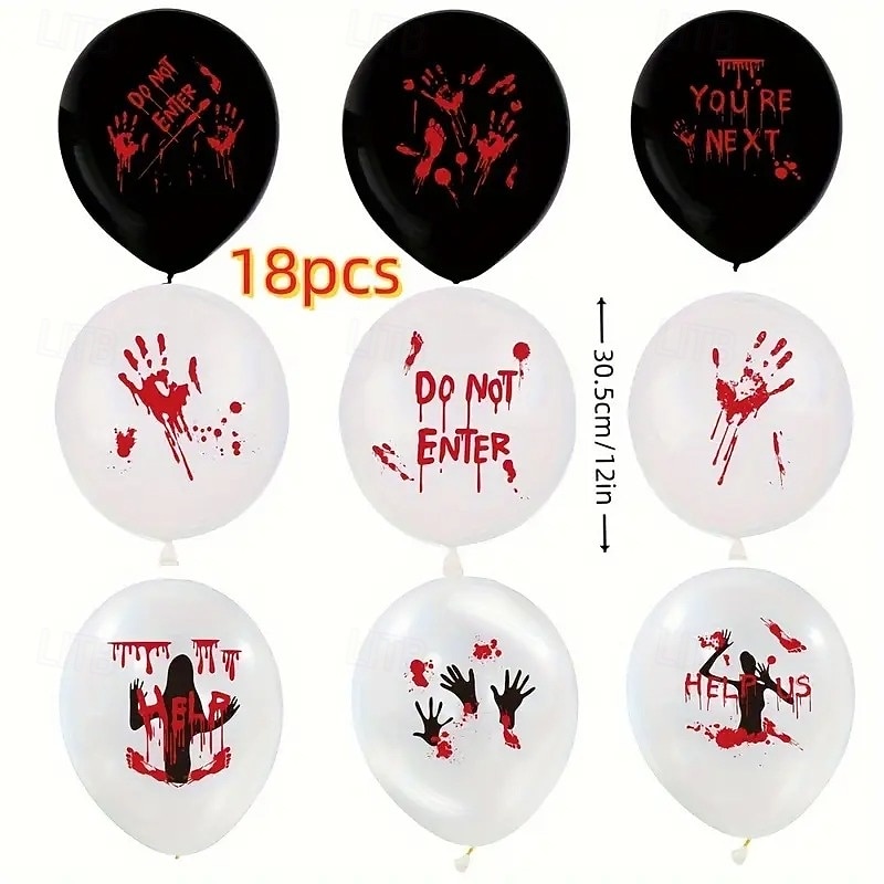 18pcs Scary Halloween Balloons 12 Inch - Blood Splatter & Horror Phrases Latex Balloons with Eye Design Zombie Handprints Black & White Decor for Vampire Birthday Party Supplies Spooky Balloon Des2