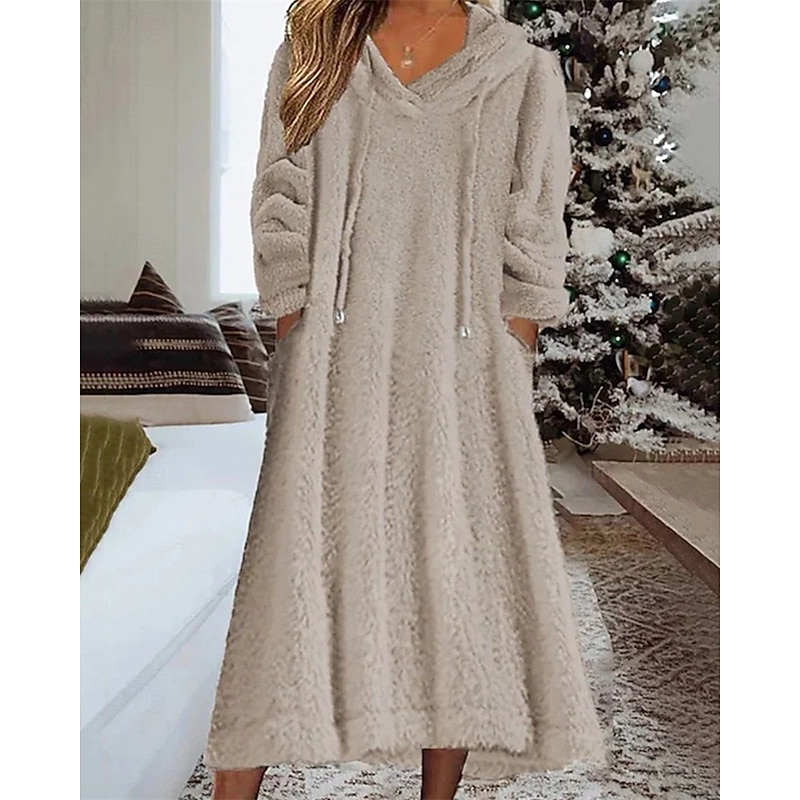 Women's Midi Dress Casual Dress Winter Dress Fashion Modern Daily Weekend Regular Fit Plain Long Sleeve Hooded Khaki Winter Autumn - Main Image