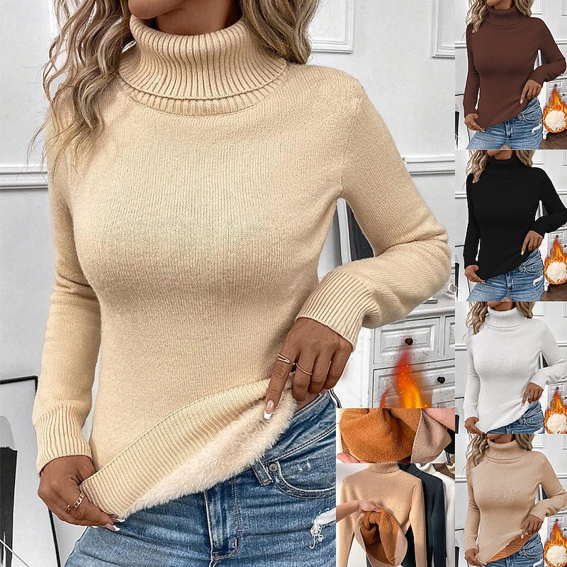 Women's Sweater Casual Soft Pure Color Ribbed Turtleneck Knitted Long Sleeve Regular Tops Knit Outdoor Daily Weekend Black White Fall Winter