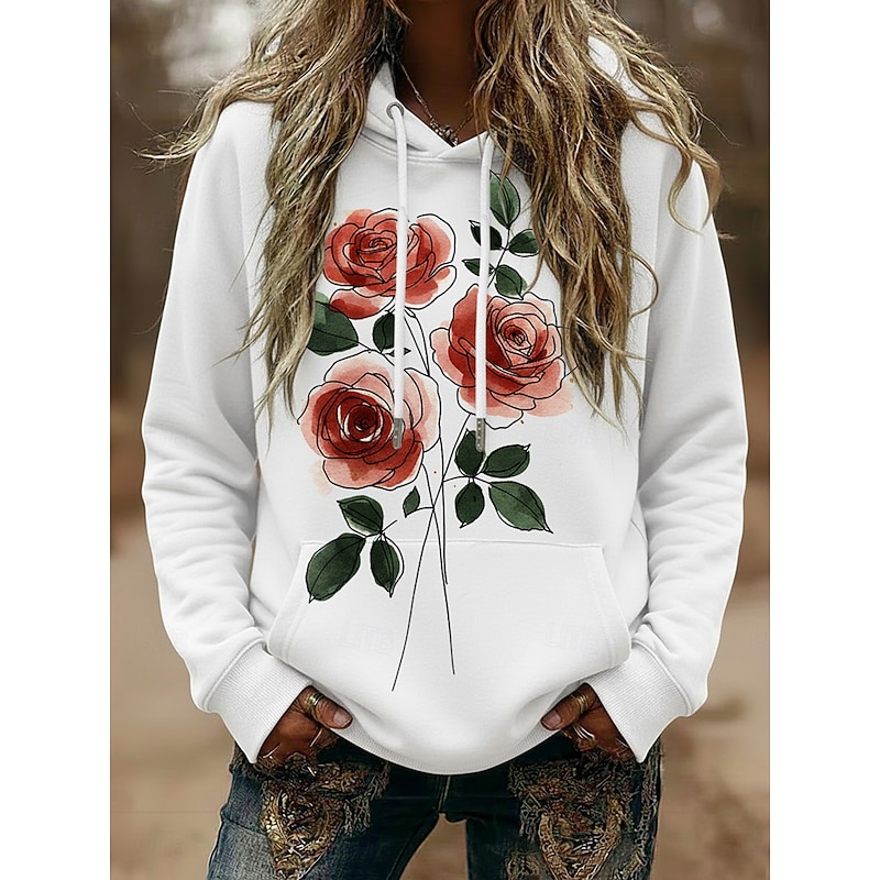 Women's Pullover Hoodies Floral Rose Fashion Streetwear Casual Long Sleeve Hooded Regular Tops Dailywear Casual Sports Drawstring Pocket Print Black White Spring Fall