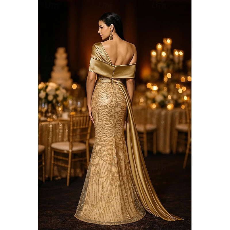 Gold Sequin Mermaid / Trumpet Evening Gown Elegant Formal Dress Formal Wedding Floor Length Sleeveless Off Shoulder Sequined with Glitter 20254