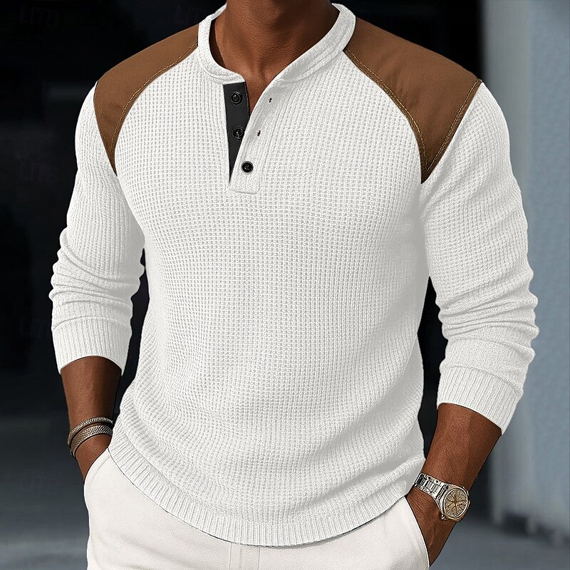 Men's Waffle Henley Shirt Tee Top Long Sleeve Henley Spring &  Fall All Seasons Color Block Fashion Designer Basic Plain Vacation Street Casual Black White Navy Blue Top Tee for Men2