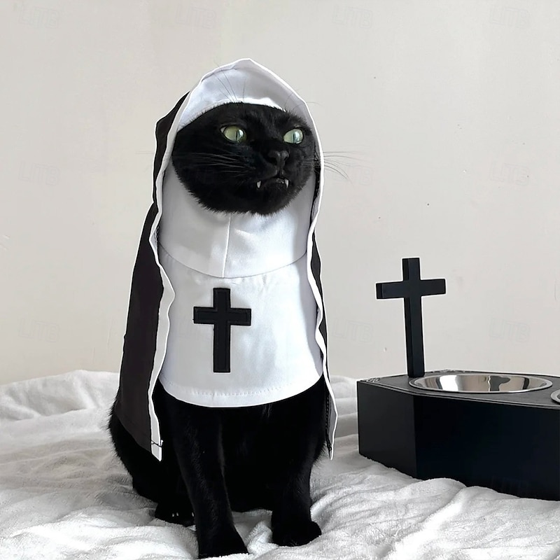 1pc Funny Pet Nun Costume for Cats & Small Dogs | Black Habit with White Collar & Cross Design, Adjustable | Perfect for Halloween, Parties & Photo Ops, Medium/Large/Small Sizes