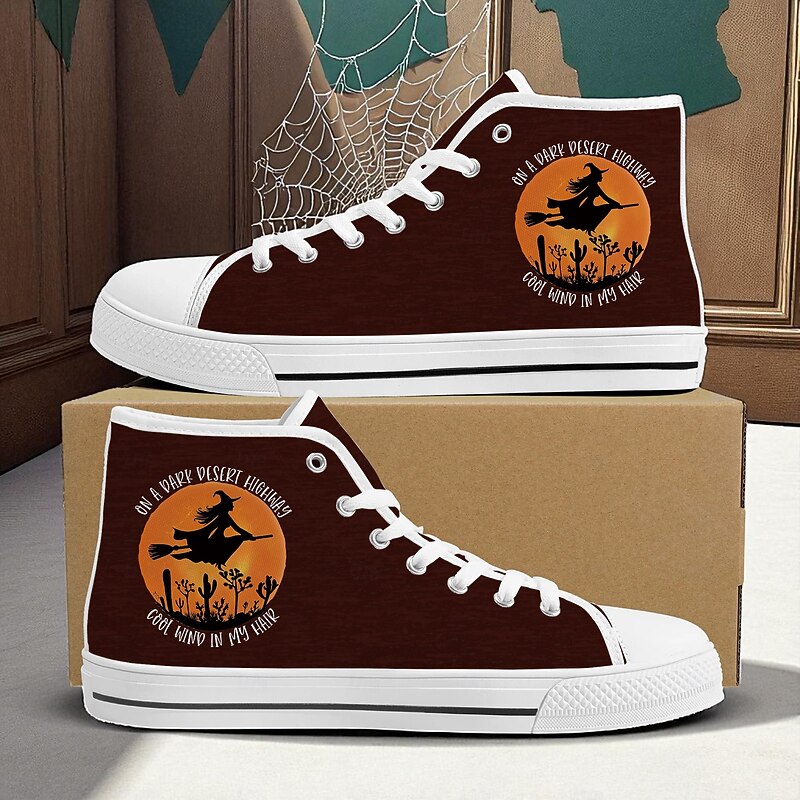 Women's Blue High Top Canvas Sneakers with Witch Print – Casual Halloween Party Shoes for Daily Wear