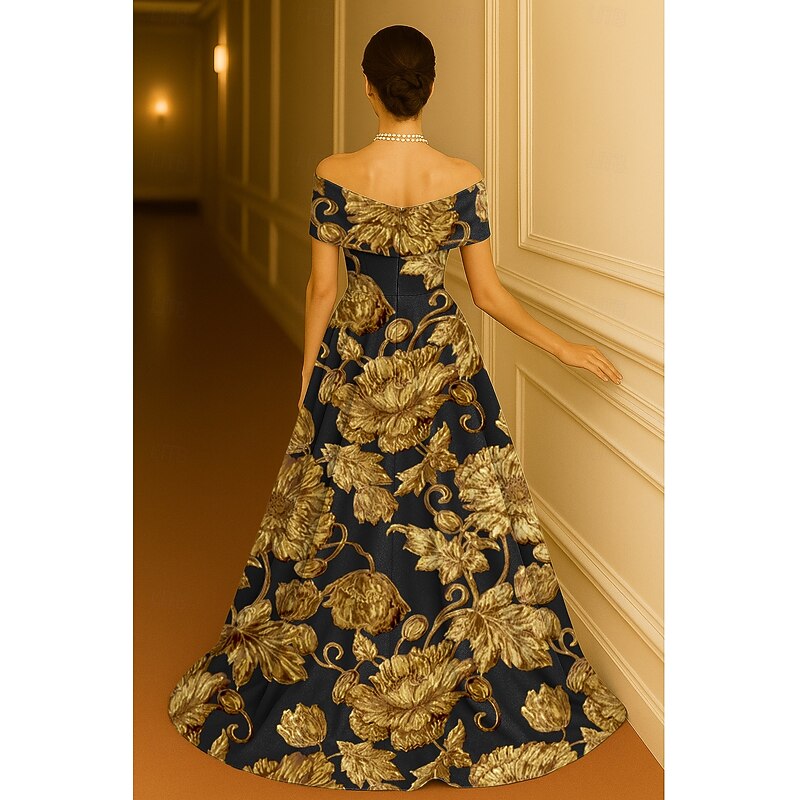 Black and Gold Floral Jacquard A-Line Evening Gown High-low Dress Elegant Formal Dress Formal Wedding Floor Length Sleeveless Off Shoulder Pocket Nylon with Pleats 20253
