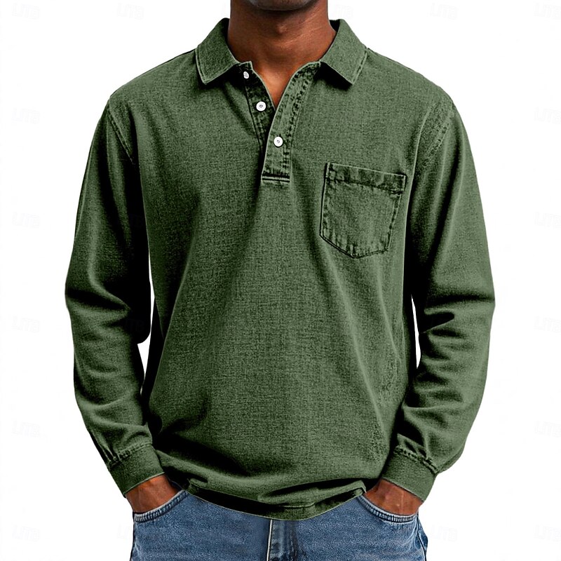 Men's Polo Shirts Golf Polos Shirts Street Business Classic Long Sleeve Vintage Basic Solid Color Plain Pocket Vintage Style Fall Winter Cross-Seasons Regular Fit Dark Brown Black Dark Blue Gray4