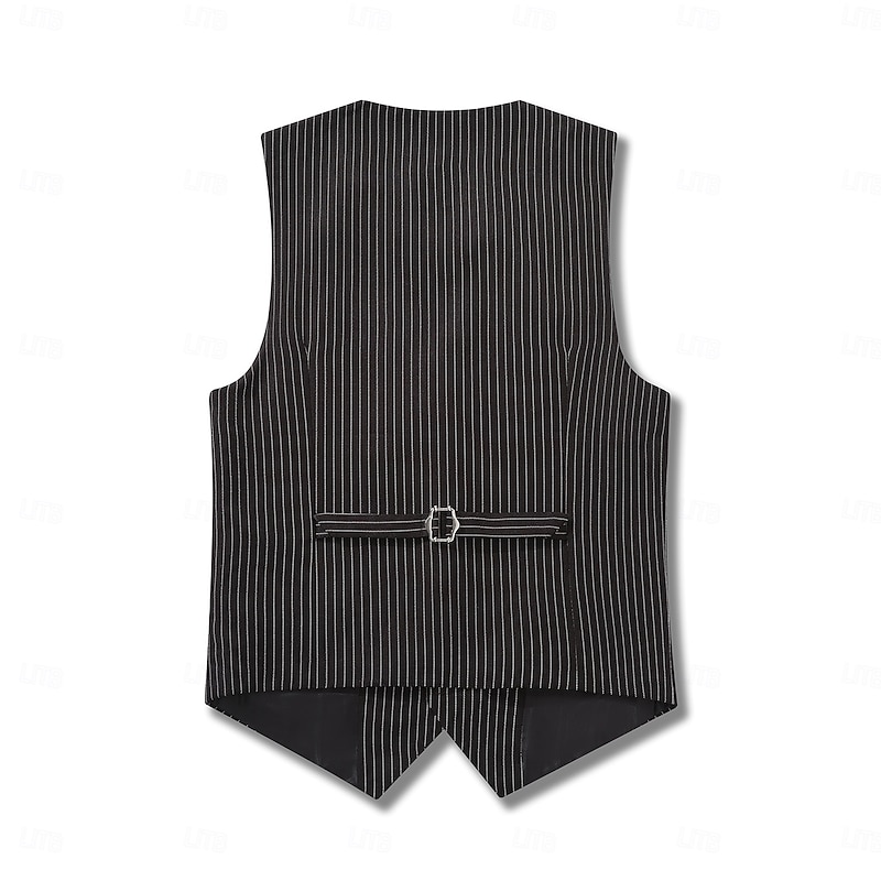 Men's Vest Waistcoat Formal Vacation Casual Daily Fashion Classic Spring Fall Pocket Buttons Polyester Comfortable Striped Single Breasted V Neck Lapel Regular Fit Black Vest3