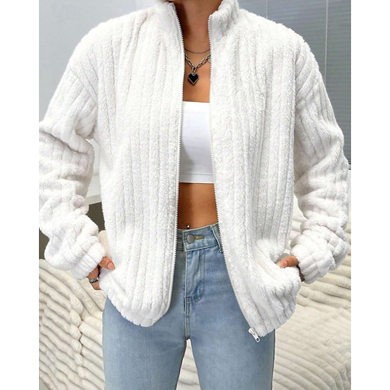 Women's Sweater Cardigan Streetwear Casual Solid Color Stand Collar Zipper Knitted Long Sleeve Regular Tops Knit Outdoor Holiday Weekend White Fall Winter2