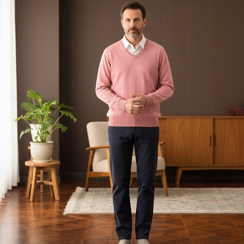 Men's Pullover Sweater Jumper Knit Sweater Ribbed Knit Regular Tops Knitted Plain V Neck Fashion Basic Vacation Daily Wear Clothing Apparel Fall Winter Camel Wine S M L2