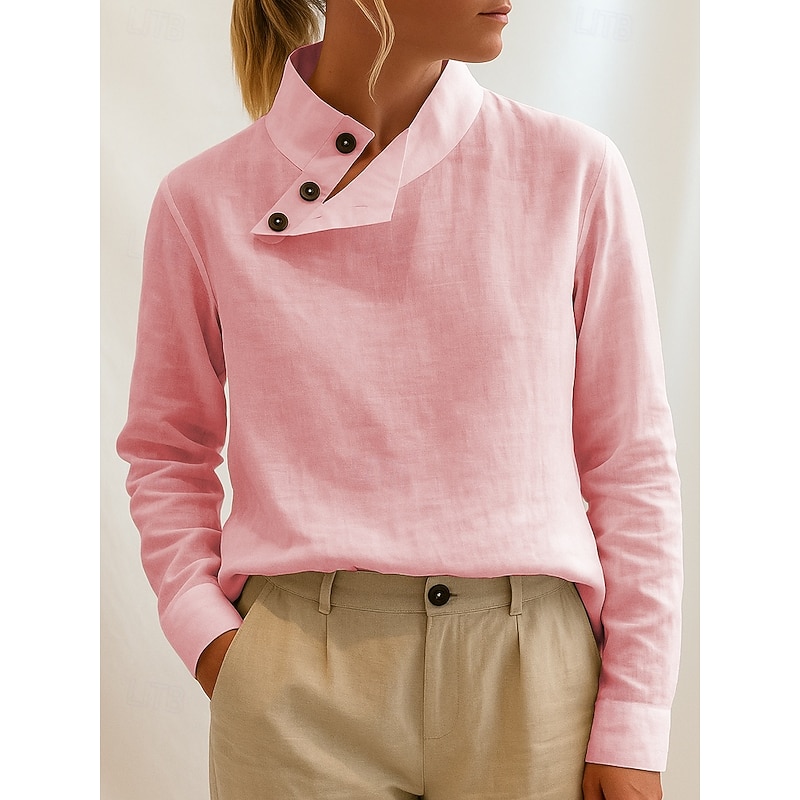 Women's Blouse Plain Casual Long Sleeve High Neck Regular Tops Daily Grass Green Pink Blue Spring Fall2