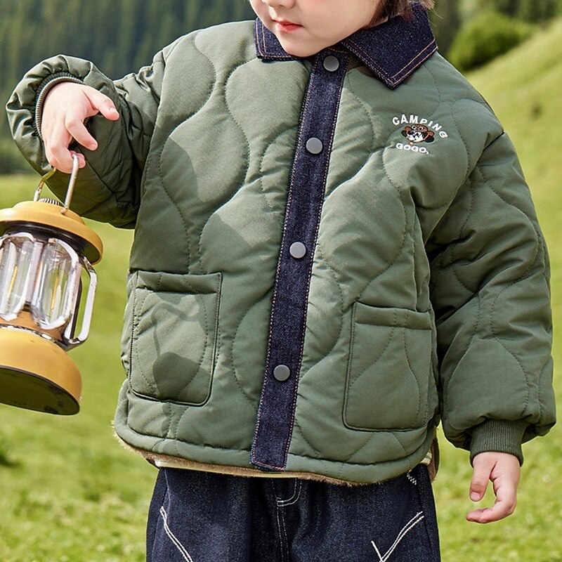 Kids Unisex Down Jacket Puffer Jacket Outerwear Letter Long Sleeve Pocket Comfort Buttons Keep Warm Soft Coat Outdoor Daily Basic Army Green Fall Winter 4 years+