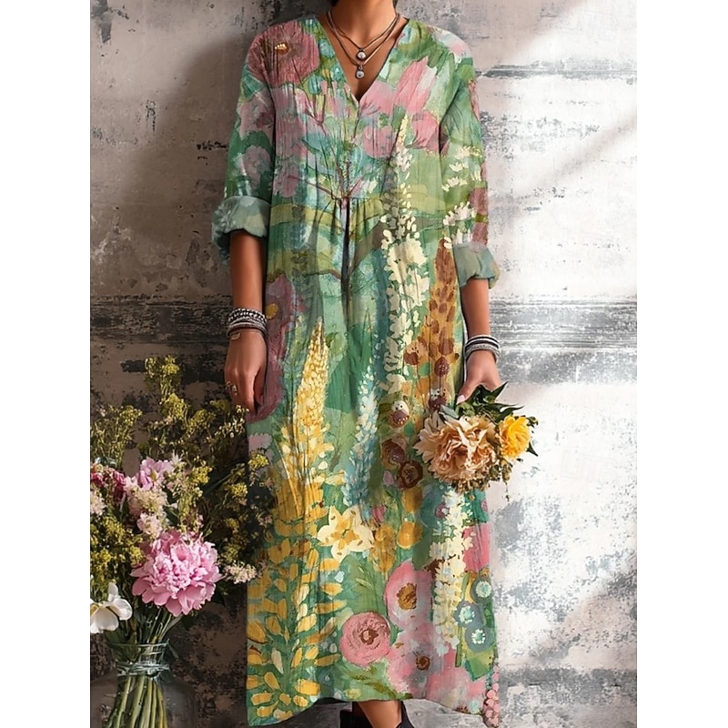 Easter Women's Midi Dress Sundress A Line Dress Vacation Casual Boho Going out Beach Loose Fit Floral Graphic Geometric Long Sleeve V Neck Yellow Pink Orange Green Summer Spring Fall Winter2