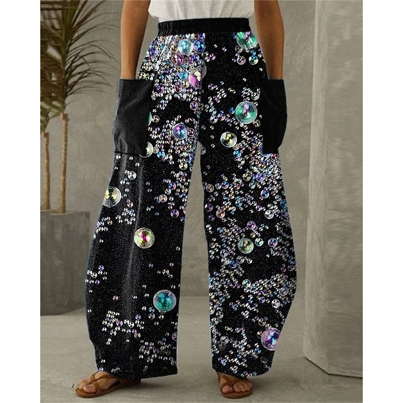 Women's Wide Leg Pants Trousers Vacation Vintage Ethnic Style Full Length High Waist Graphic Pocket Elastic Waistband Print Comfy Breathability Inelastic Vacation Casual Daily Black Spring Fall Loose