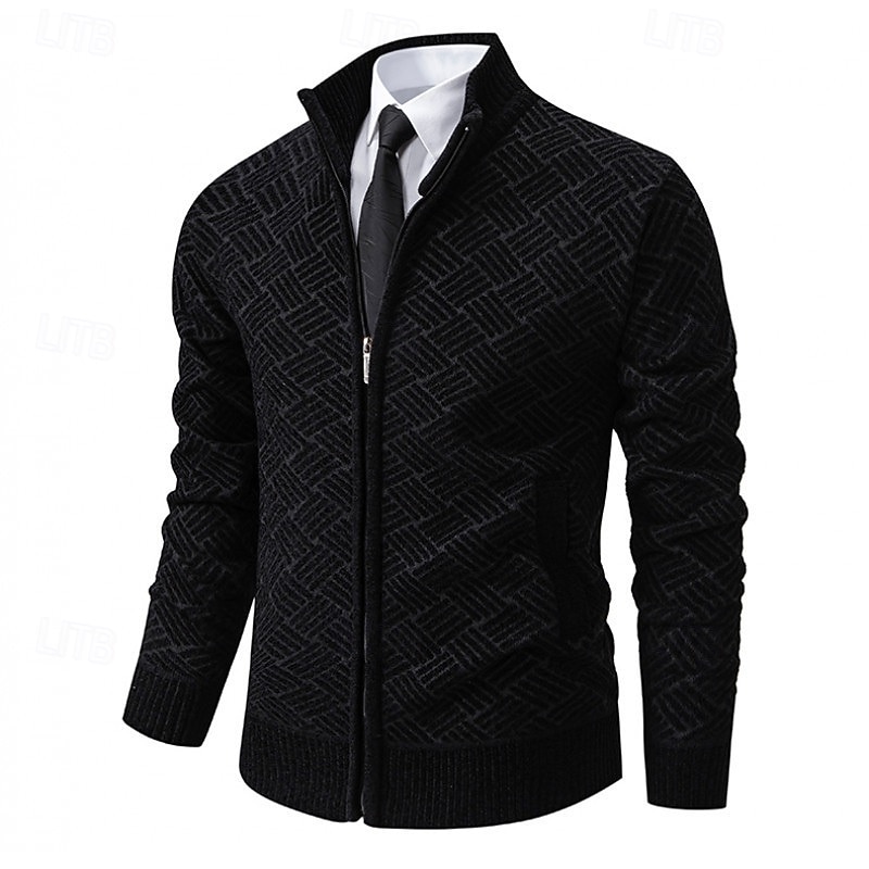 Men's Sweater Cardigan Sweater Zip Sweater Ribbed Knit Regular Tops Knitted Plain High Neck Vacation Fashion Business Casual Clothing Apparel Spring &  Fall Black Navy Blue M L XL4