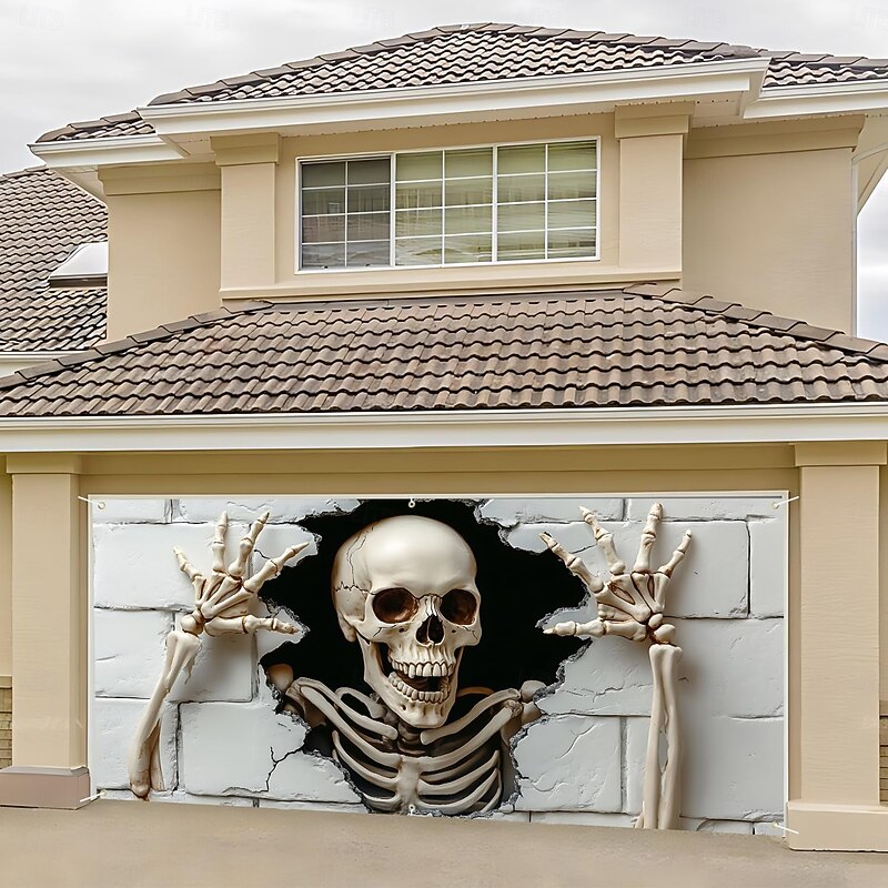 Halloween Garage Door Cover White Skull Hanging Tapestry Haunted House Decoration Creepy Outdoor Halloween Decor Spooky Horror Party Supplies for Yard Garden Garage Entrance4