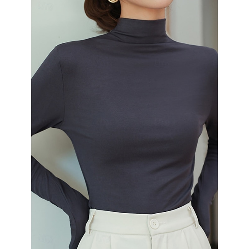 Women's Blouse Solid Color Stylish Casual Long Sleeve High Neck Regular Tops Daily Black White Blue Brown Khaki Fall Winter4