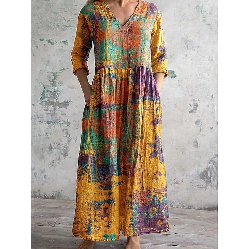 Women's Midi Dress Shift Dress Vacation Casual Daily Loose Fit Floral Long Sleeve V Neck Yellow Blue Brown Green Spring Fall4