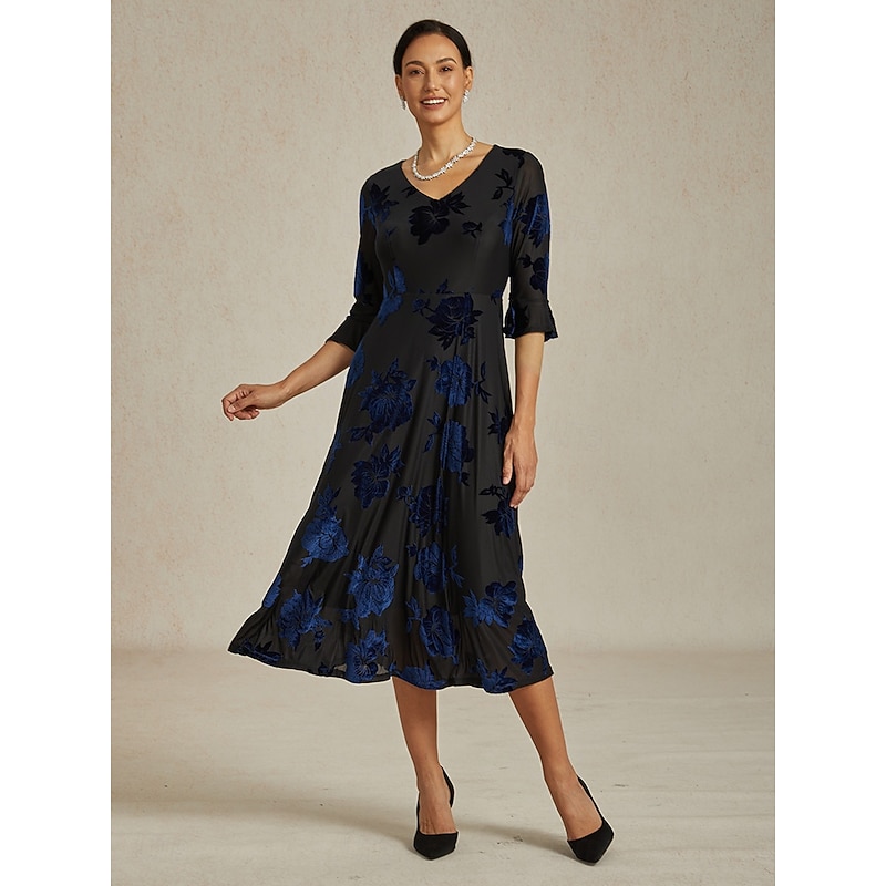 Women's Midi Dress A Line Dress Elegant Birthday Cocktail Wedding Guest Velvet Daily Cocktail Party Regular Fit Floral Half Sleeve V Neck Navy Blue Spring Fall Winter