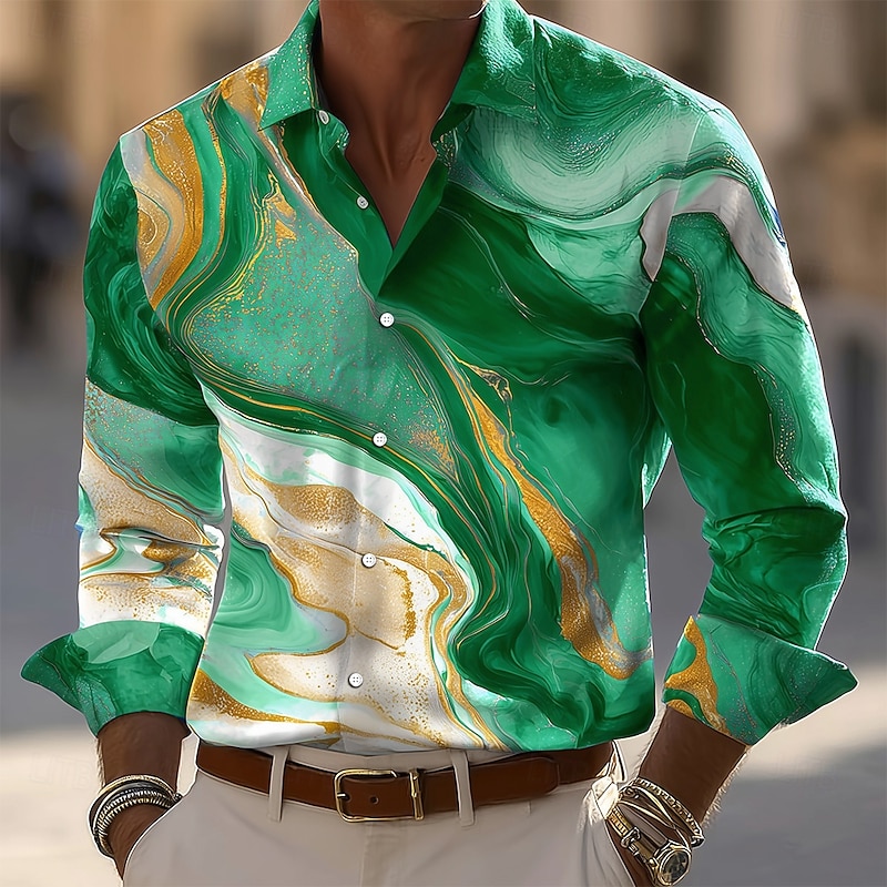 Men's Geometric Pattern Marble Abstract Liquid Art Shirt Button Up Shirt Long Sleeve Vintage Retro Outdoor Casual Holiday Spring Fall Turndown 3D Print Collared Shirts Blue Green Light Blue3