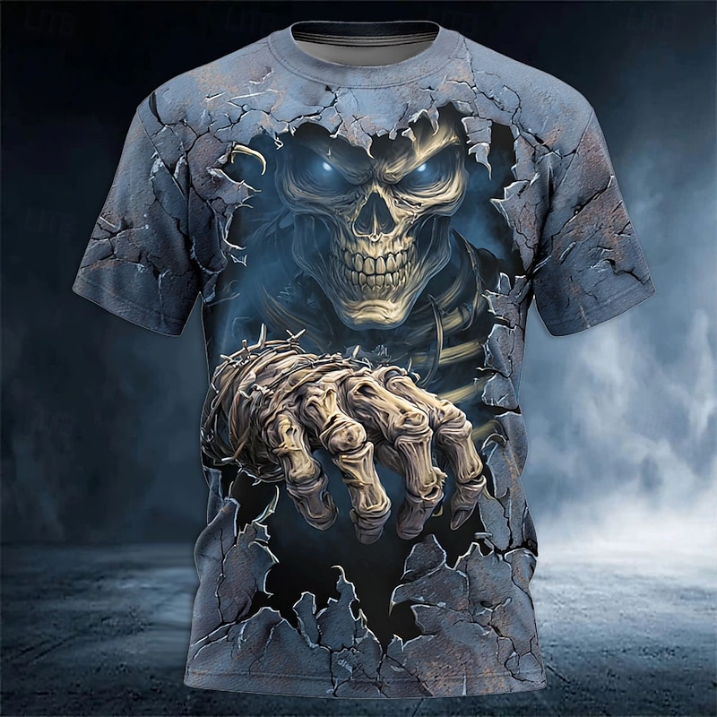 Halloween Men's Optical Illusion Grim Reaper 3D T Shirt Short Sleeve T shirt 3D Print Crew Neck Shirt Exaggerated Designer Horror Party Street Holiday Lake Blue Red Blue Summer Spring All Seasons
