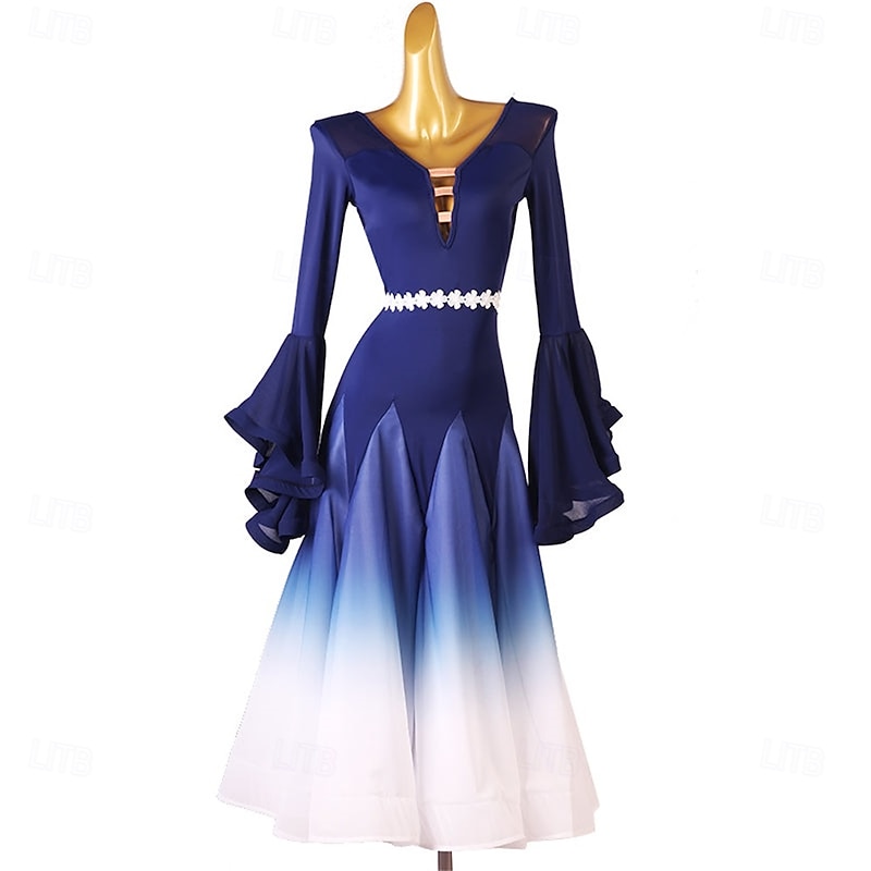 Women's Blue Ombre Ballroom Dance Dress with Flared Bell Sleeves, Belted Waist, and V-Neck – Perfect for Latin, Tango, and Performance Wear