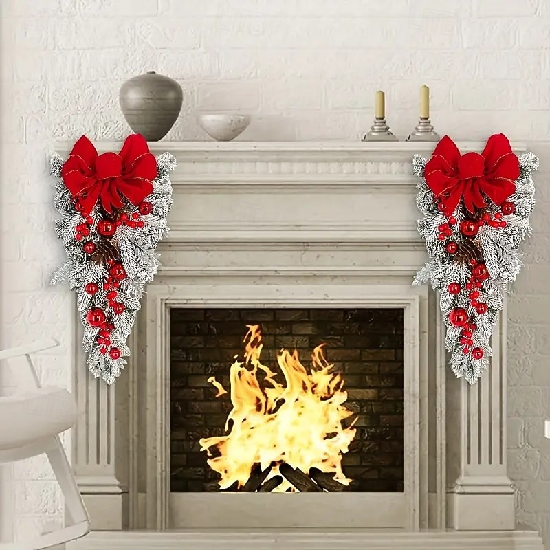 Christmas Wreath Hanging Decoration with Red Bow and Green Leaves, Elegant Stair and Door Ornament, Durable Plastic for Indoor and Outdoor Holiday Décor, Perfect for Christmas, Weddings, Parties, Thanksgiving, and Year-Round Home Decoration4