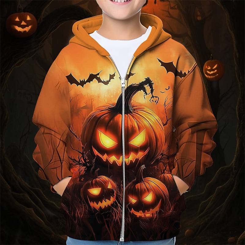 Halloween Unisex Boys' Girls' 3D Pumpkin Hoodie Coat Outerwear Long Sleeve Spring Fall Adorable Sport Kids 4-12 Years Zip Street Daily Regular Fit