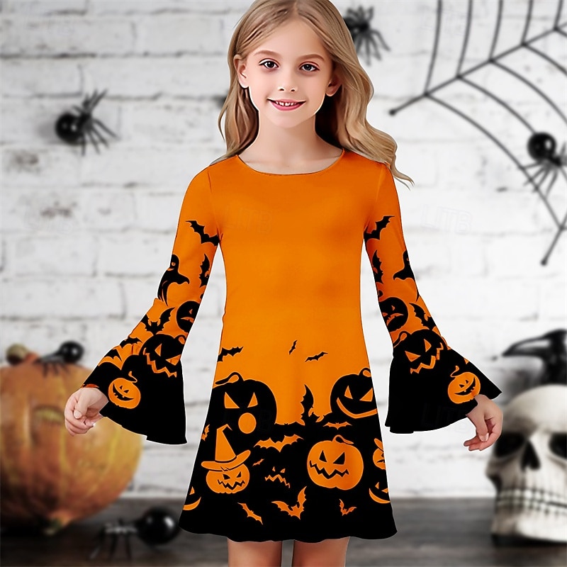 Halloween Girls' 3D Graphic Pumpkin Dress Ruffle Dress Long Sleeve Summer Spring Vacation Daily Holiday Beautiful Sweet Kids 4-12 Years Casual Dress Knee-length Regular Fit2