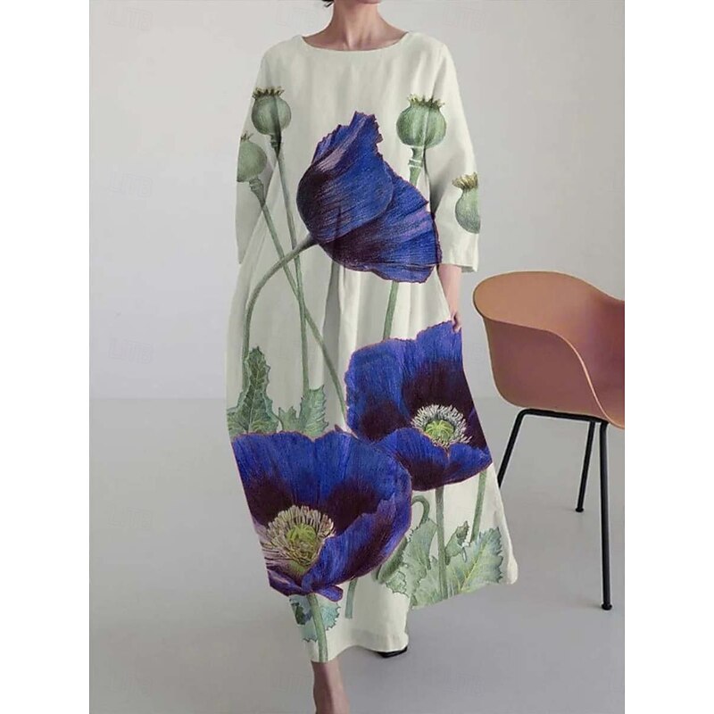 Women's Maxi Dress A Line Dress Fit And Flare Dress Party Birthday Casual Party Office Wedding Guest Loose Fit Floral Graphic Long Sleeve Crew Neck Yellow Red Blue Green Spring Fall Winter Autumn2