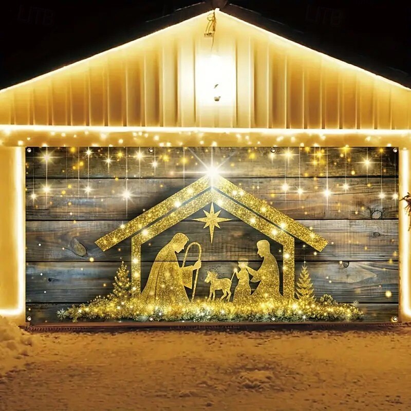 Christmas Garage Door Cover 2025 Xmas Nativity Scene with Holy Family Backdrop Banner, Holiday Outdoor Garage Decoration for Church, Yard and Party