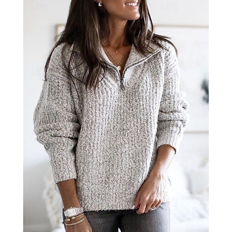 Women's Sweater Pullover Streetwear Casual Solid Color Shirt Collar Zipper Knitted Long Sleeve Regular Tops Knit Daily Holiday Going out Black Pink Fall Winter