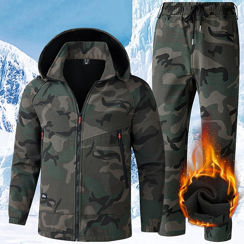 Men's Hiking Jacket Fleece Jacket Puffer Jacket Thermal Set Winter Outdoor Camo Thermal Warm Waterproof Top Green