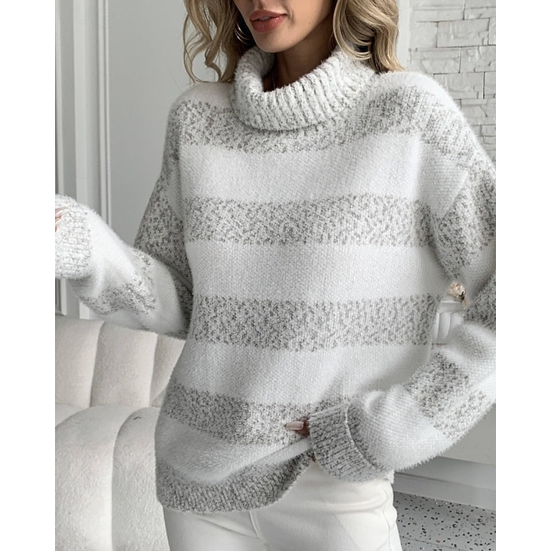 Women's Sweater Pullover Casual Soft Striped Ribbed Turtleneck Knitted Long Sleeve Regular Tops Knit Daily Holiday Weekend Light Green Pink Fall