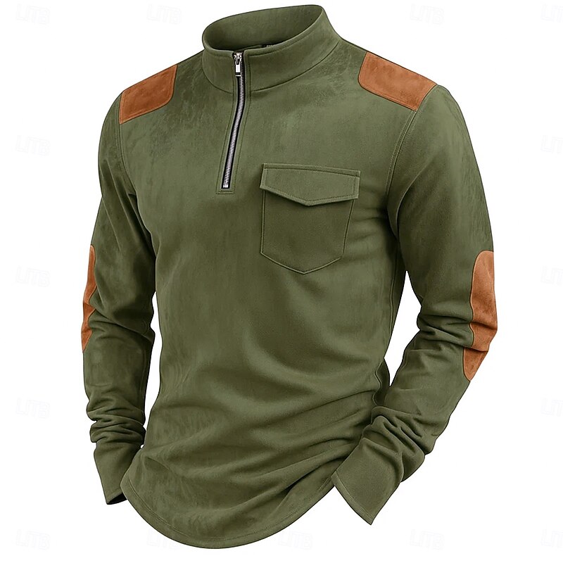 Men's Tee Top Long Sleeve Shirt Long Sleeve Pullover Half Zip Banded Collar Summer Fall Solid Color Daily Casual Street Style Color Block Outdoor Street Causal Red Navy Blue Army Green Top Tee for Men