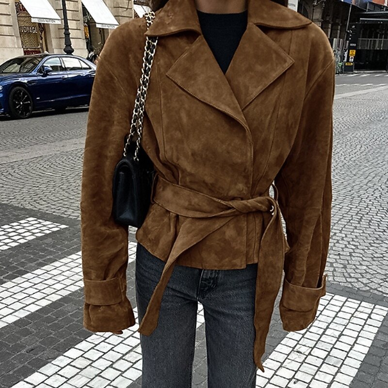 Women's Faux Leather Jacket Winter Coat Jacket Warm Comfortable Tie Front Fashion Plain Vacation Street Casual Going out Regular Turndown Regular Fit Long Sleeve Outerwear Brown Fall Winter3