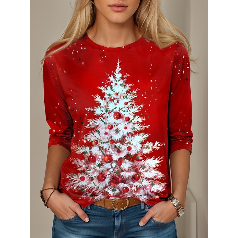 Christmas Women's T Shirt Graphic Santa Claus Snowflake Vintage Fashion Stylish Long Sleeve Crew Neck Regular Tops Daily Weekend Print Wine Red Blue Gray Spring Fall Winter