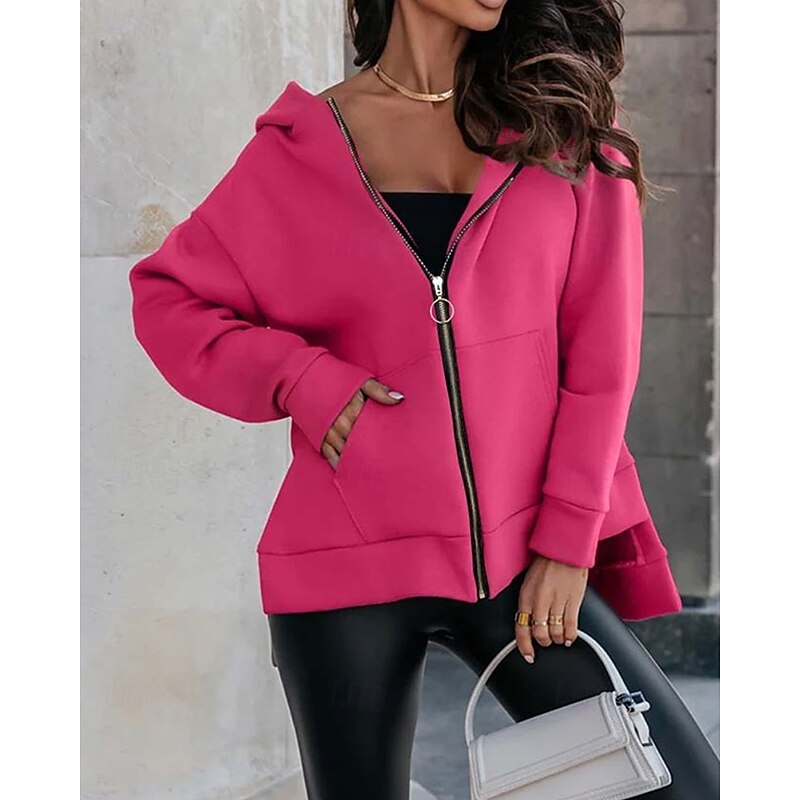 Women's Zip Up Hoodies Hoodies Plain Streetwear Casual Long Sleeve Hooded Regular Tops Street Casual Holiday Zip Up Pocket Dark Pink Red Brown Gray Fall Winter2