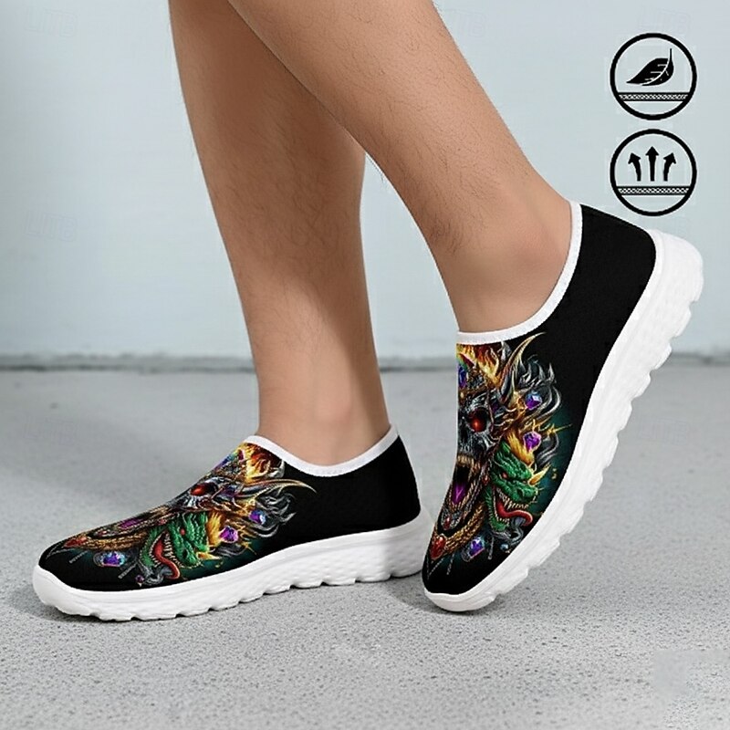 Men's Breathable Slip-On Sneakers with Skull and Dragon Print – Gothic Casual Shoes for Halloween & Streetwear3
