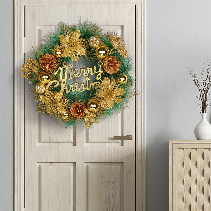 Christmas Wreath for Front Door, Indoor & Outdoor Decoration, Gold Holiday Floral Vine Wreath with Merry Christmas Letters, Artificial Garland for Hotel, Store, and Home Decor4