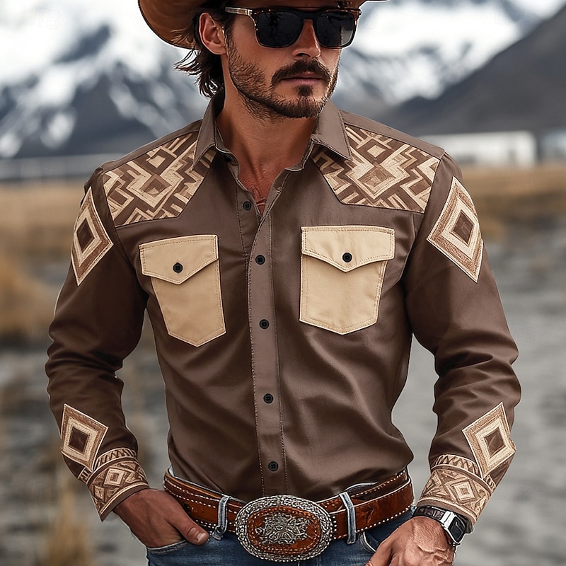 Men's Geometric Aztec Ethnic Western Shirt Button Up Shirt Cowboy Shirt Long Sleeve Vintage Retro Outdoor Daily WorkWear Fall & Winter Turndown 3D Print Front Two Pockets Linen Like Shirt Army Green3