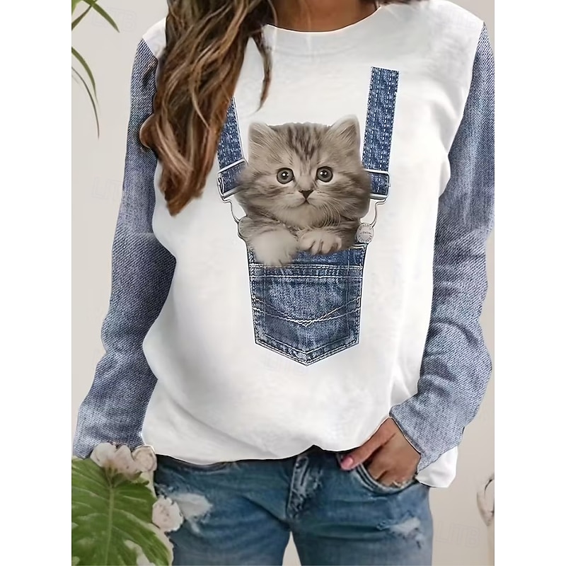 Women's Pullover Sweatshirt Graphic Animal Casual Long Sleeve Crew Neck Regular Tops Street Casual Holiday Print Black Blue Spring Fall Winter
